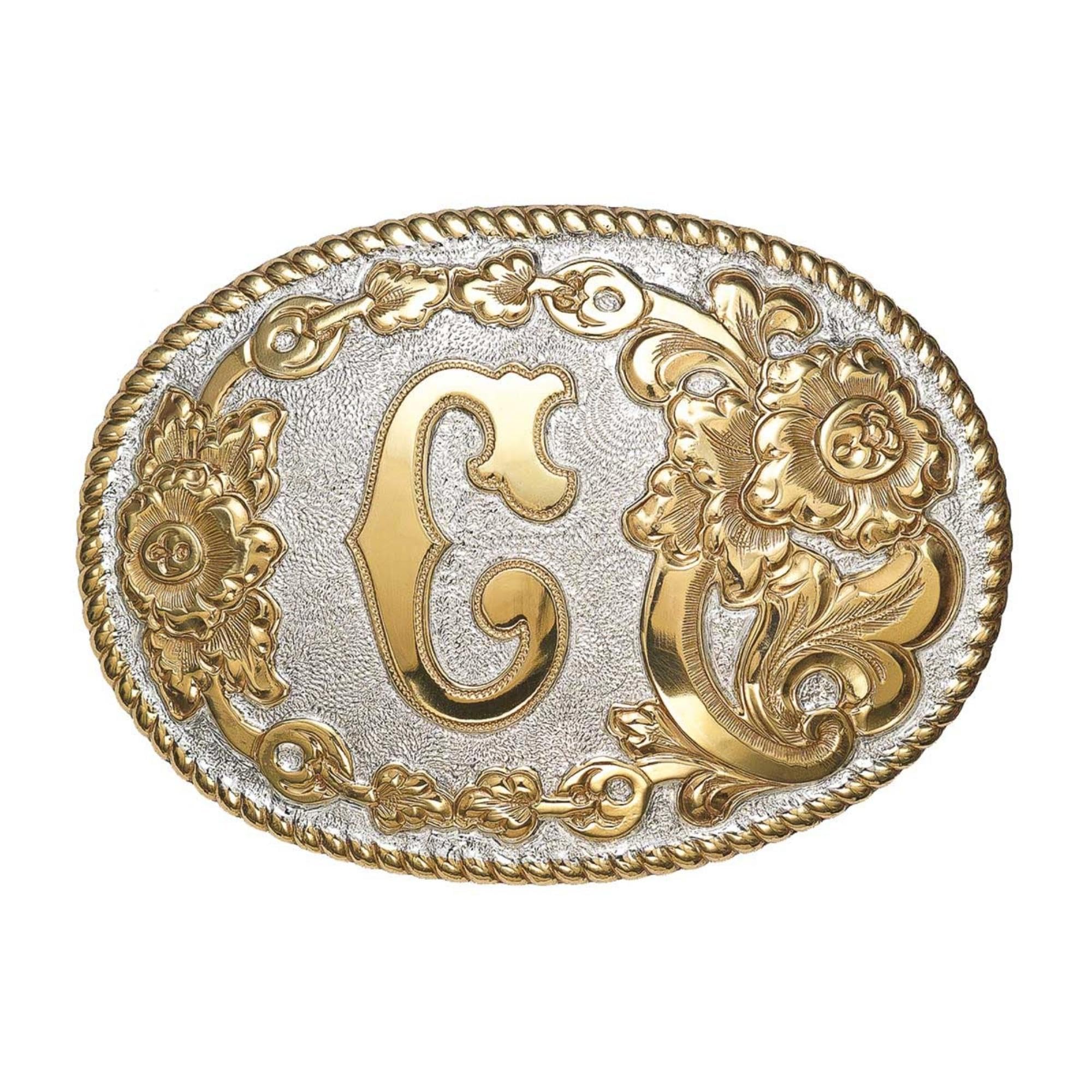 Crumrine Buckle with Hand-Engraved Initial, Floral Embossed Accent, Silver and Gold Finish, 3