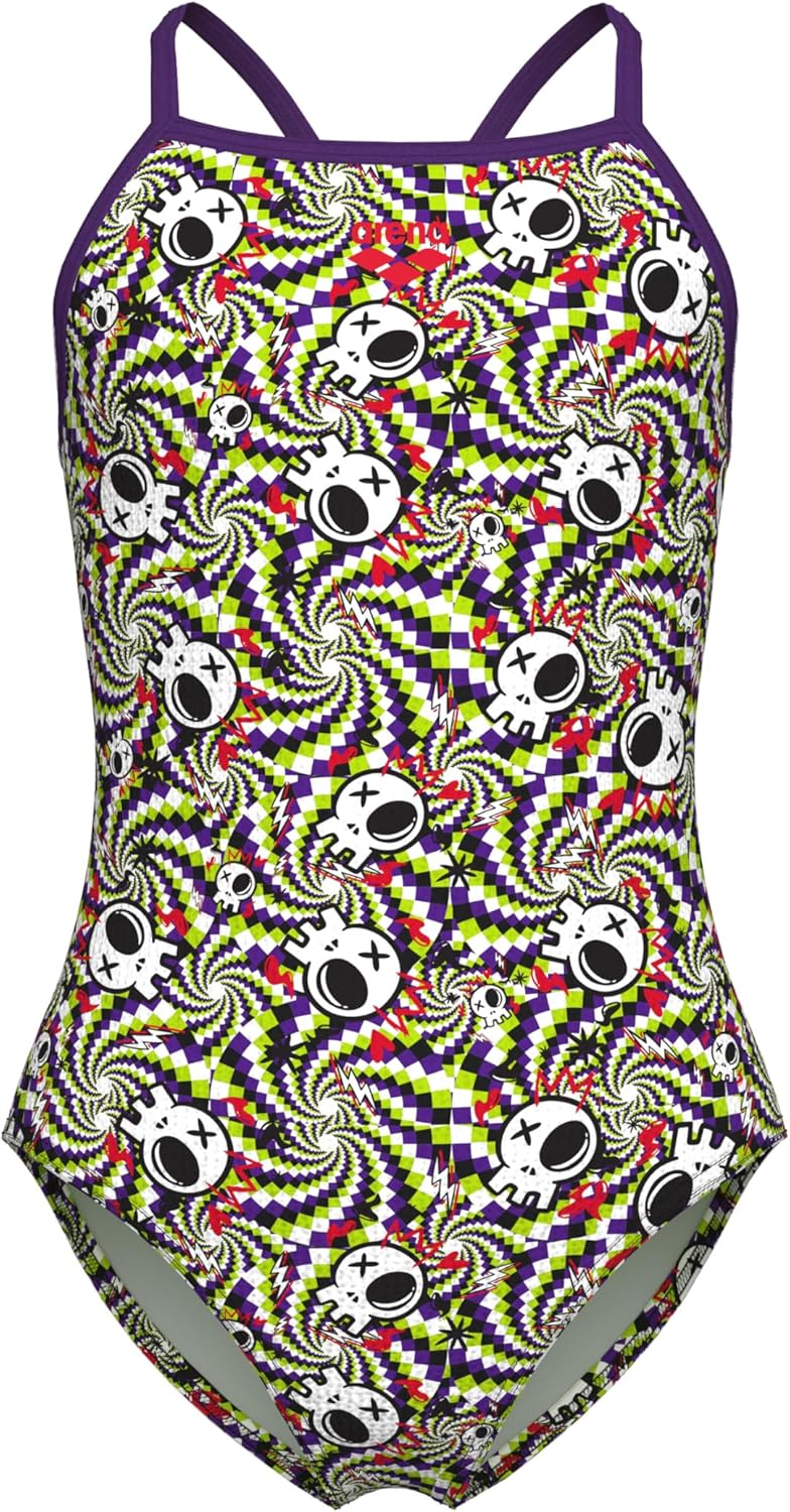 Arena Girls Performance Fun Skulls Lightdrop Back Athletic One Piece Pool Swimsuit