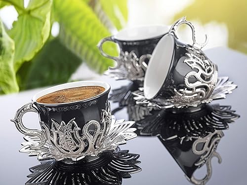 LaModaHome Juego de 6 tazas de café expreso con platillos de porcelana, taza de café turca árabe griega y platillo, taza de café para mujeres,