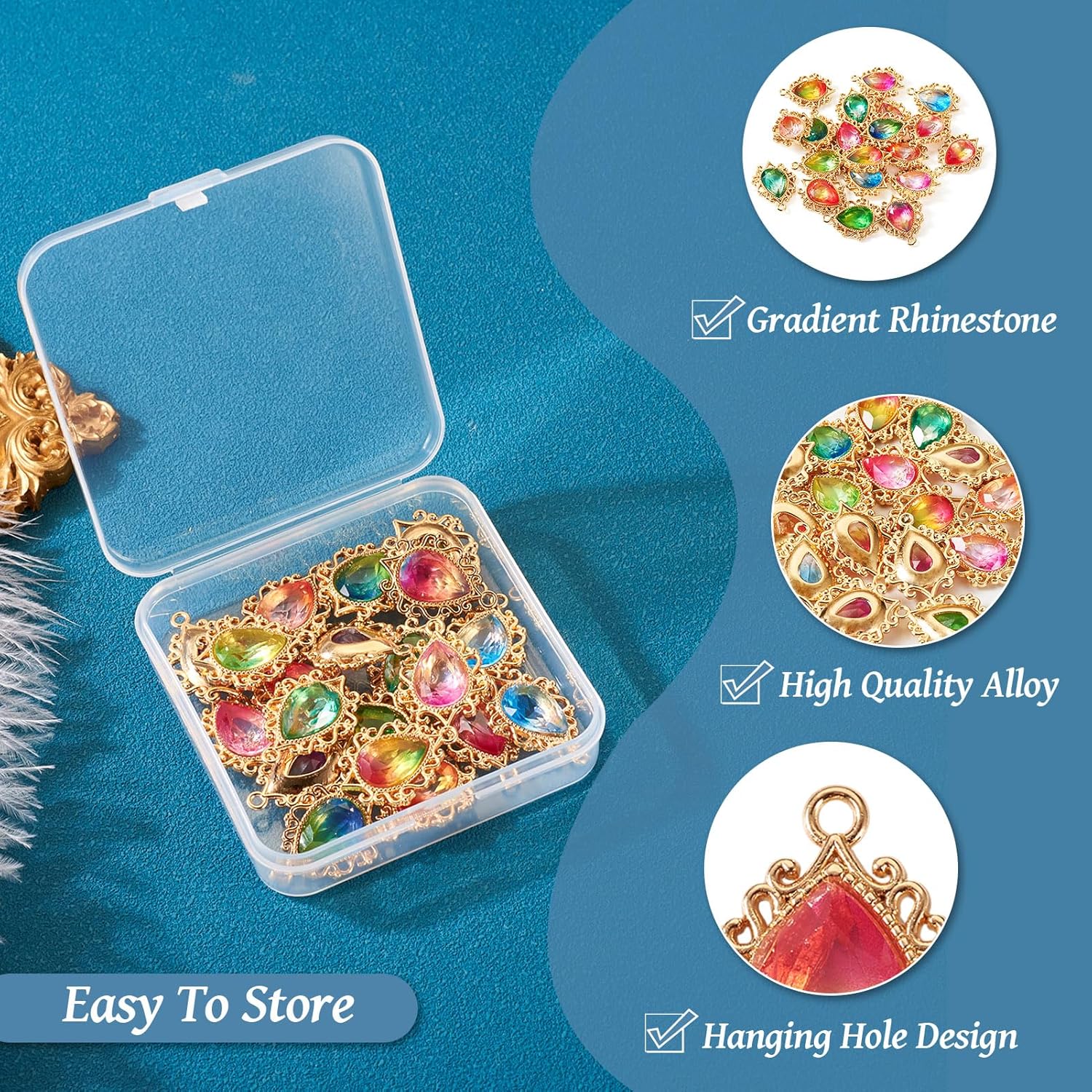 20Pcs Alloy Gradient Teardrop Charms Water Droplet Resin Rhinestone Pendants Drop Golden Charms Transparent Crystal Pendants Dangle Charms for Jewelry Making Necklace Earring Bracelet,Golden - Image 7