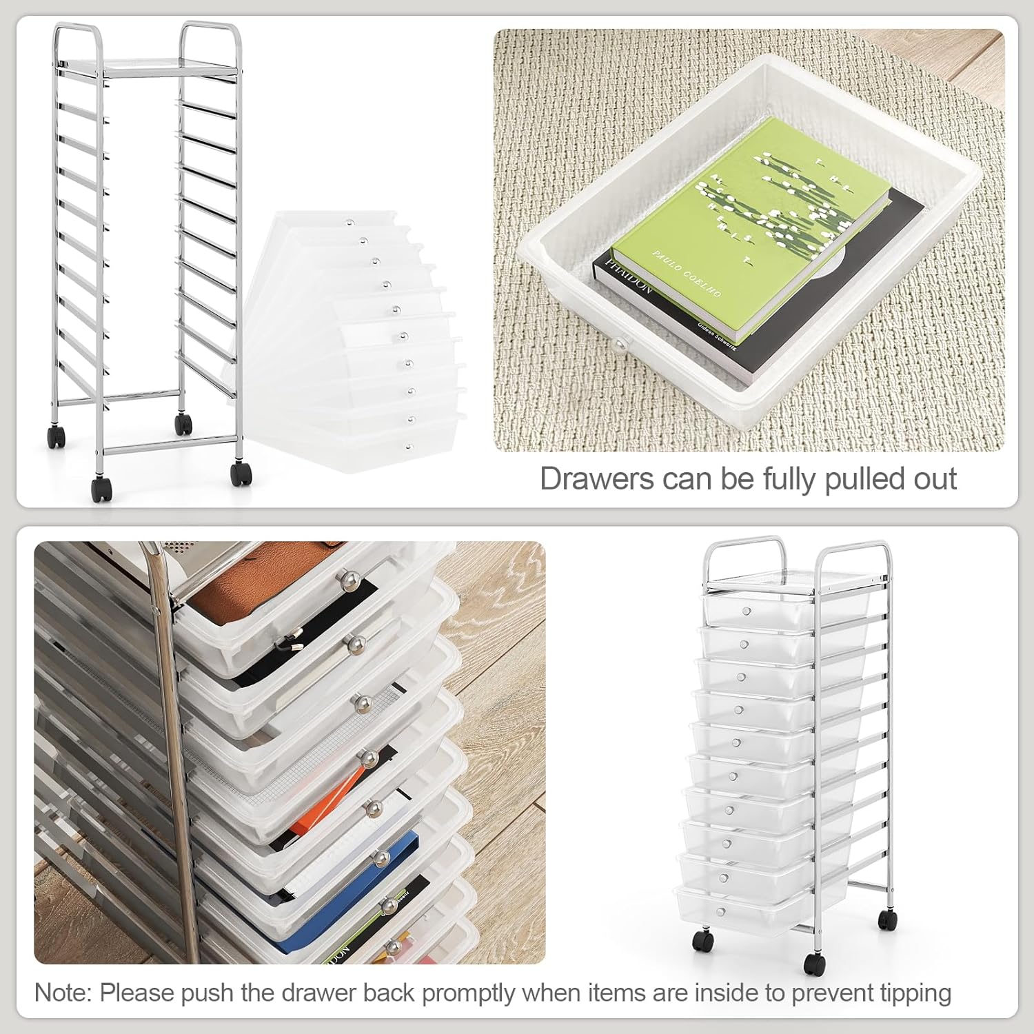 RELAX4LIFE 10-Drawer Rolling Storage Cart, Utility Cart with Metal Frame, Lockable Wheels & Removable Drawers, Multipurpose Art Craft Organizer for Home Office Classroom (Clear) - Image 6