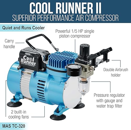 Miniatura 4 de Master Airbrush Cool Runner II Kit de sistema de aerógrafo de doble ventilador, kit de cepillo de aire con compresor de aire y 3 aerógrafos,