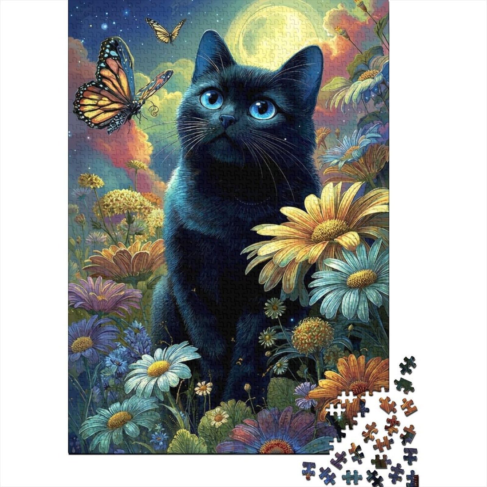 3D Printed Moonlit Cat Fitted Sheet Microfiber Soft Breathable Floral Butterfly Mattress Cover for Bedroom Decor 90x200x25cm
