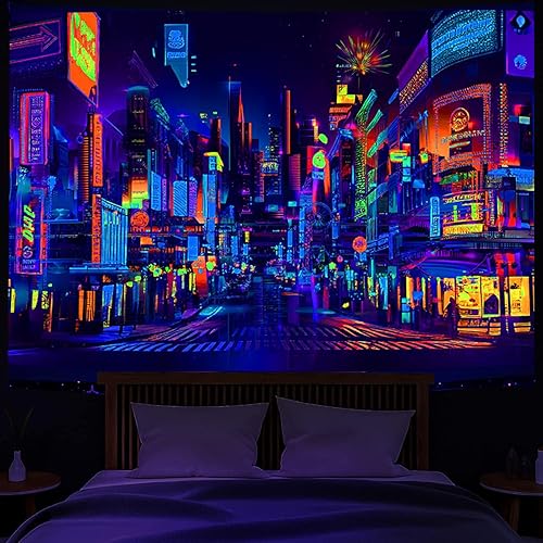Miniatura 6 de Bzhilja Tapiz de anime japonés con luz negra, tapiz de pared punk reactivo a los rayos UV, valla publicitaria japonesa de Tokio District City 80S