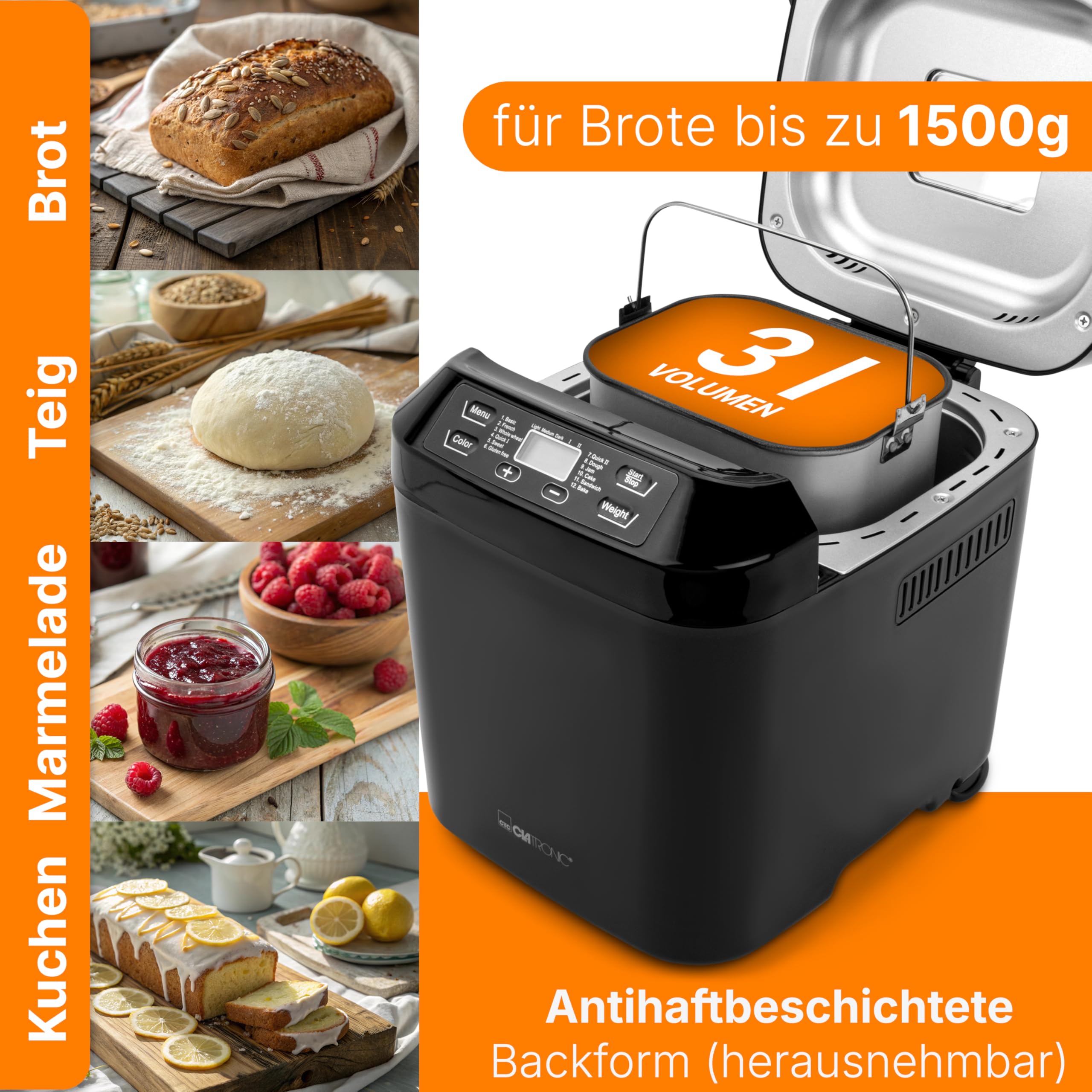 Clatronic® Brotbackautomat - frisches Brot zu Hause selber backen | automatische Zubereitung & Warmhaltefunktion | Backautomat mit Timer | einfache Bedienung über Display | 12 Backprogramme | BBA 3774