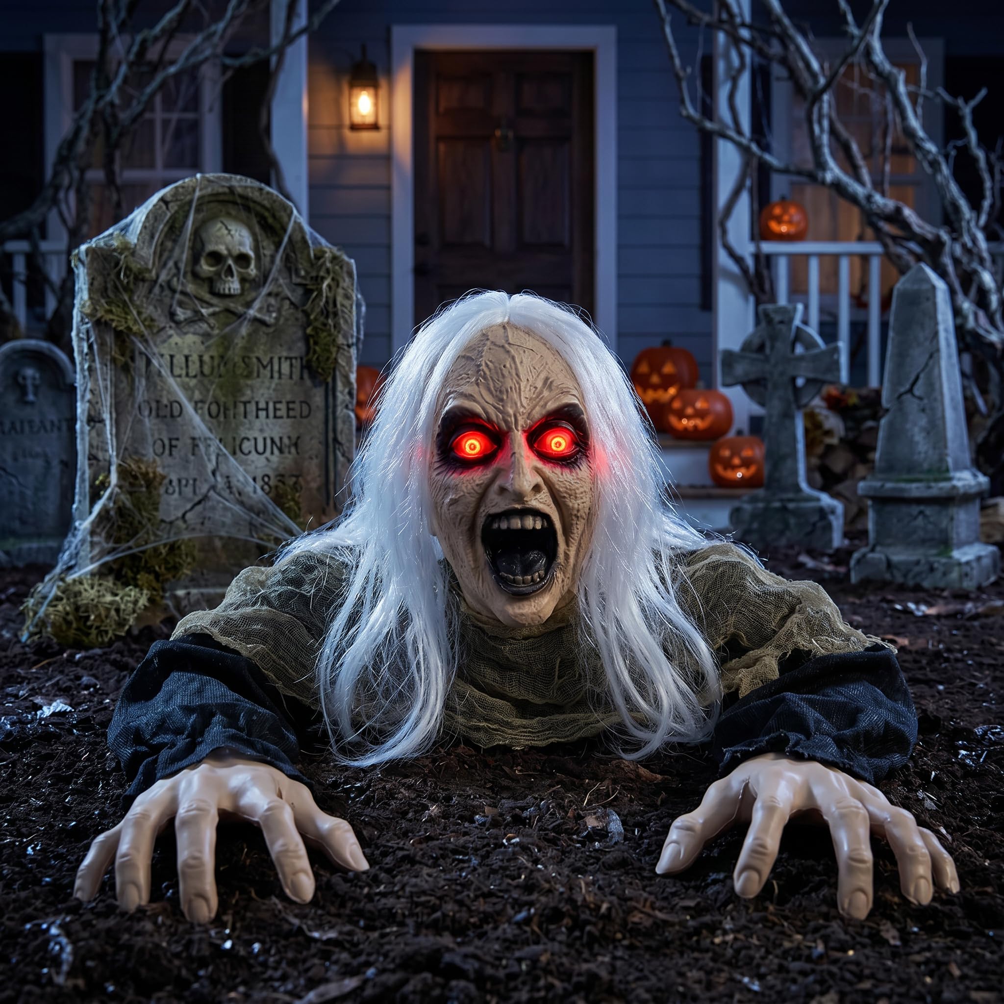 Hourleey Decoraciones de Halloween al aire libre, activada por sonido, zombi trepadora con ojos iluminados y sonido aterrador, decoración animada de Halloween para patio, césped, cementerio, casa