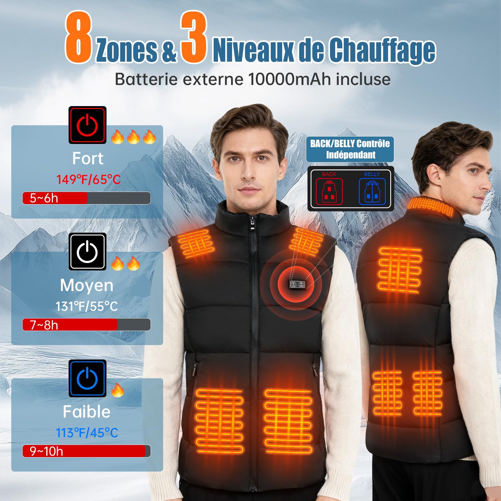 Gilet Chauffant Homme avec Batterie 10000mAh pour Ski（L）
