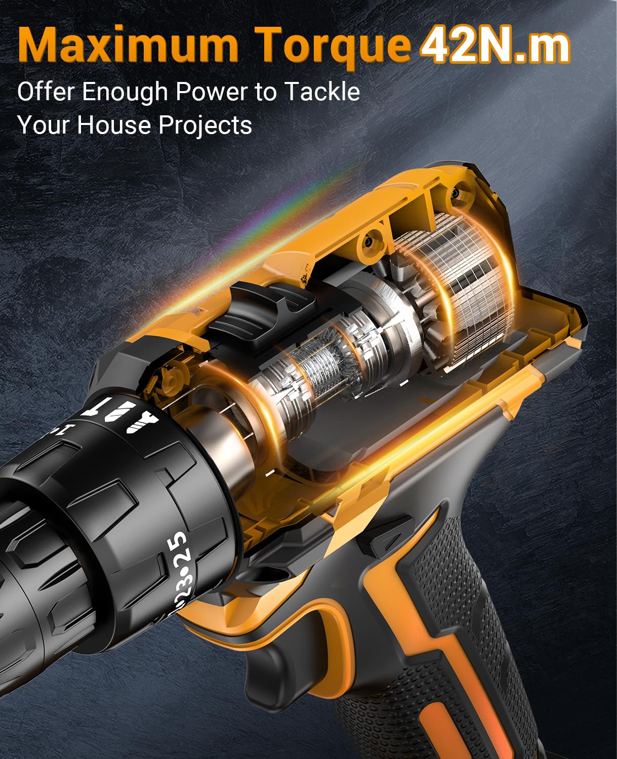 Trapano Avvitatore Batteria 21V, con 2 Batterie da 2.0Ah, 14 Accessori, 42N.m di Coppia con Avvitatore Elettrico, 2 Velocità, 25+3 Coppia, Luce a LED, Per il Fai da te, in Casa e Giardino