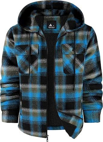 SCODI Mens Flannel Hooded Jacket Fleece Sherpa Lined Zip Up Plaid Hoodies
