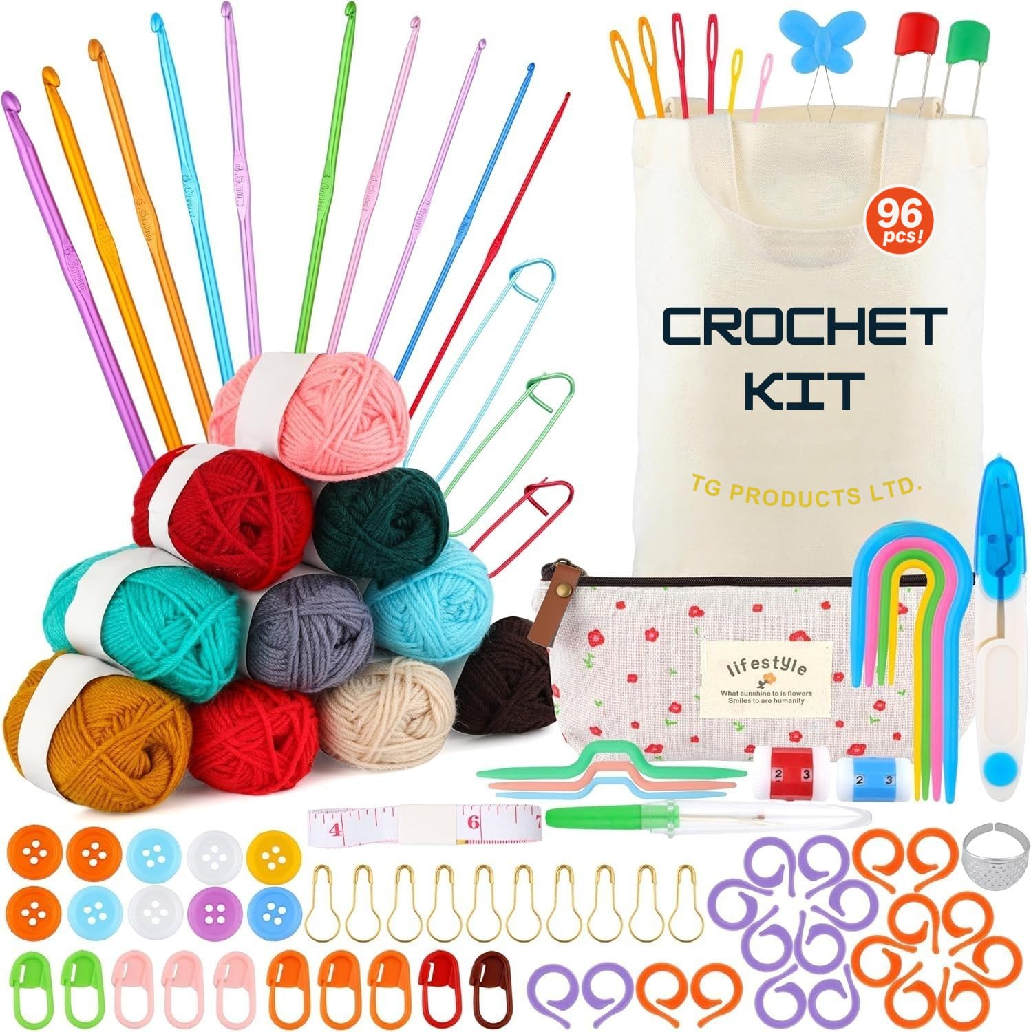 Crochet kits for beginners adults , Crochet kit 96 Pcs , 10 crochet hooks 2-6.5mm and more | Beginner crochet kit for Adults and Children | Set with Storage Bag, Wool and Knitting Accessories
