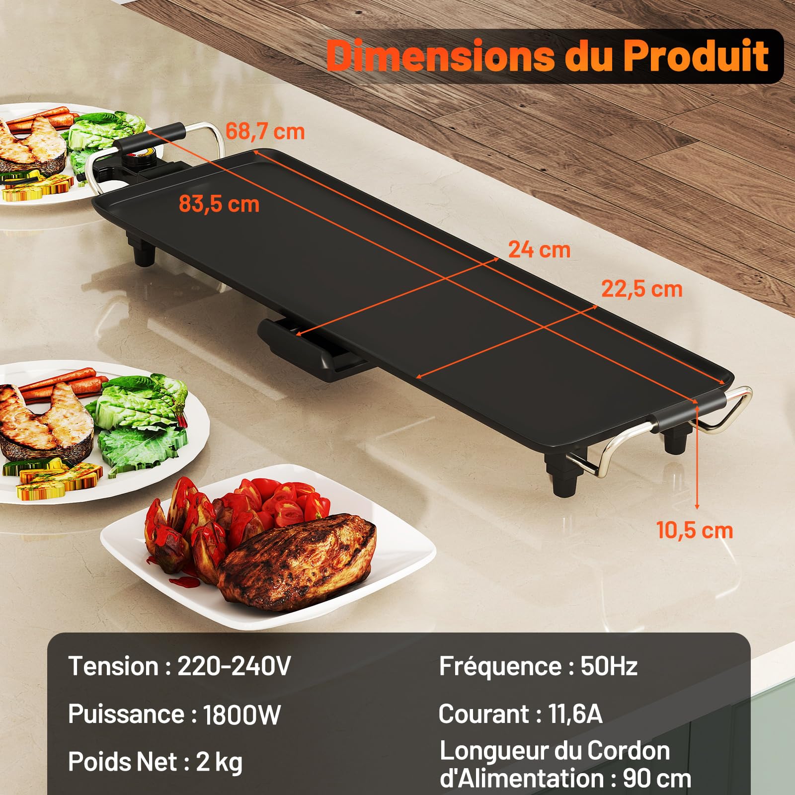 COSTWAY Plancha Électrique XL 1800W, Barbecue Electrique avec Revêtement Antiadhésif, Thermostat Réglable, Gril de Table Lavable avec Poignée Rembourrée pour 8 Personnes, 70 x 22 cm, Noir