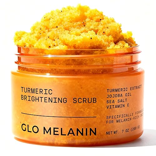 GLO Melanin Exfoliante de cúrcuma para manchas oscuras, iluminando los muslos internos del área del bikini, axilas, exfoliante natural para la cara