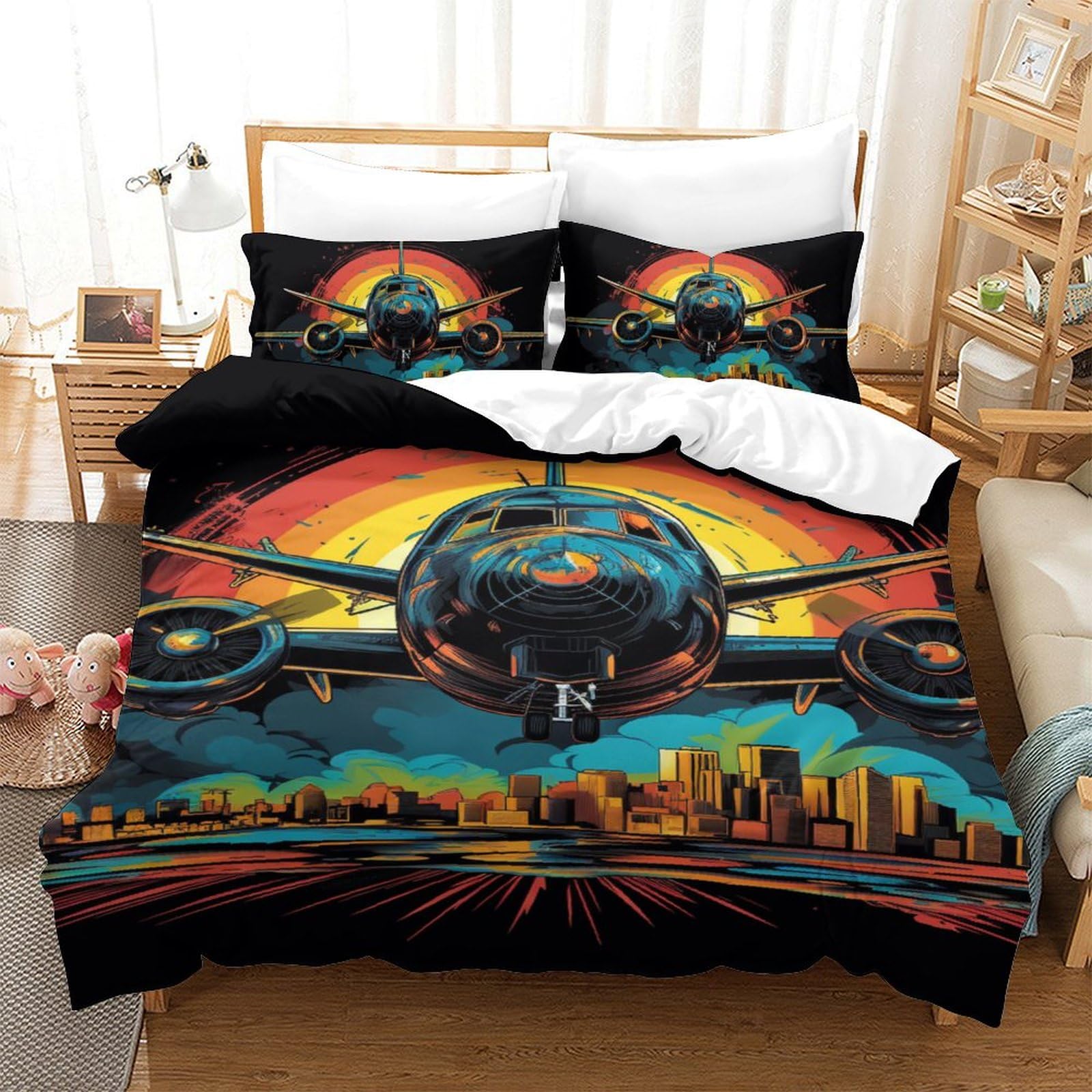 Housse de couette avion 140x200cm en microfibre avec 2 taies d'oreiller pour lit single