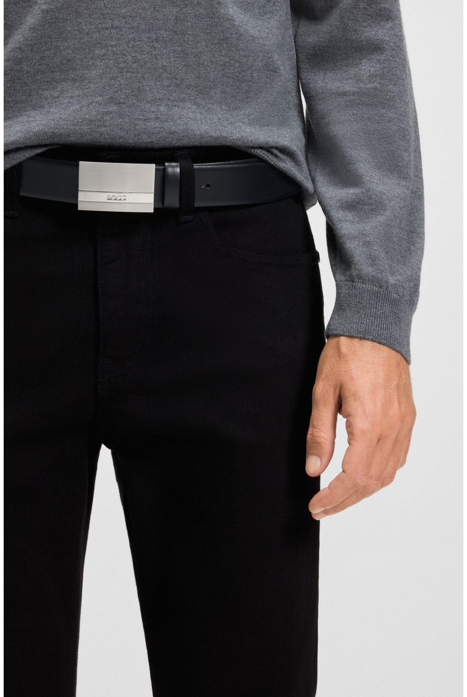 BOSS Męski pasek skórzany Baxton Sz35 z klamrą z logo, Czarny, 100 cm