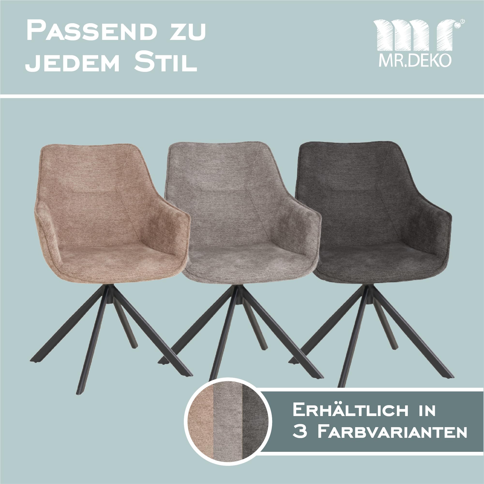 MR. DEKO Diningsessel 2-er Set San Carlo | drehbarer Esszimmerstuhl mit Armlehnen & Rückenlehne | 2 Moderne Polstersessel mit Schaumstoffkern | Drehstuhl 360 Grad | Essstuhl stabil und ergonomisch