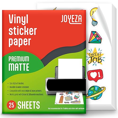 JOYEZA Premium Printable Vinyl Sticker Paper for Inkjet Printer - 25 Sheets Matte White Waterproof, Dries Quickly Vivid Colors, Holds Ink well- Tear Resistant - Inkjet & Laser Printer - pack of 25