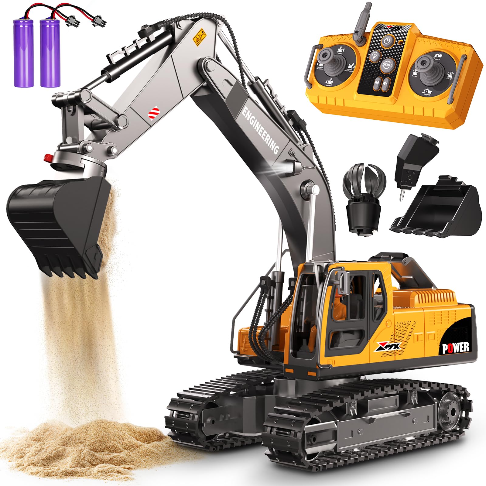 CozyBomB Construction Digger toys with 3 Interchangeable Heads & Light Effects,1:18 RC remote control car, Excavator Toys for Boys 3 4 5 6 7 8 9 10 11 12 Year Old Kids Christmas Birthday