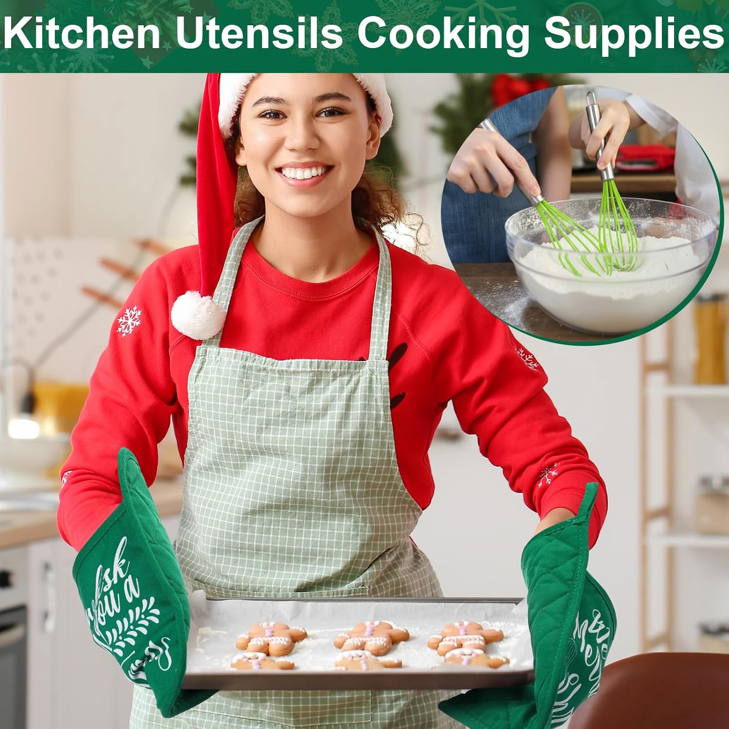 LemonRoad 12 Sets Christmas Whisk Baking Gift Set Xmas Silicone Whisks Oven Mitt Pot Holder Greeting Cards Ribbon Bags for Holiday Kitchen Utensils Cooking Supplies Neighbor Gift(Classic,Red, Green)