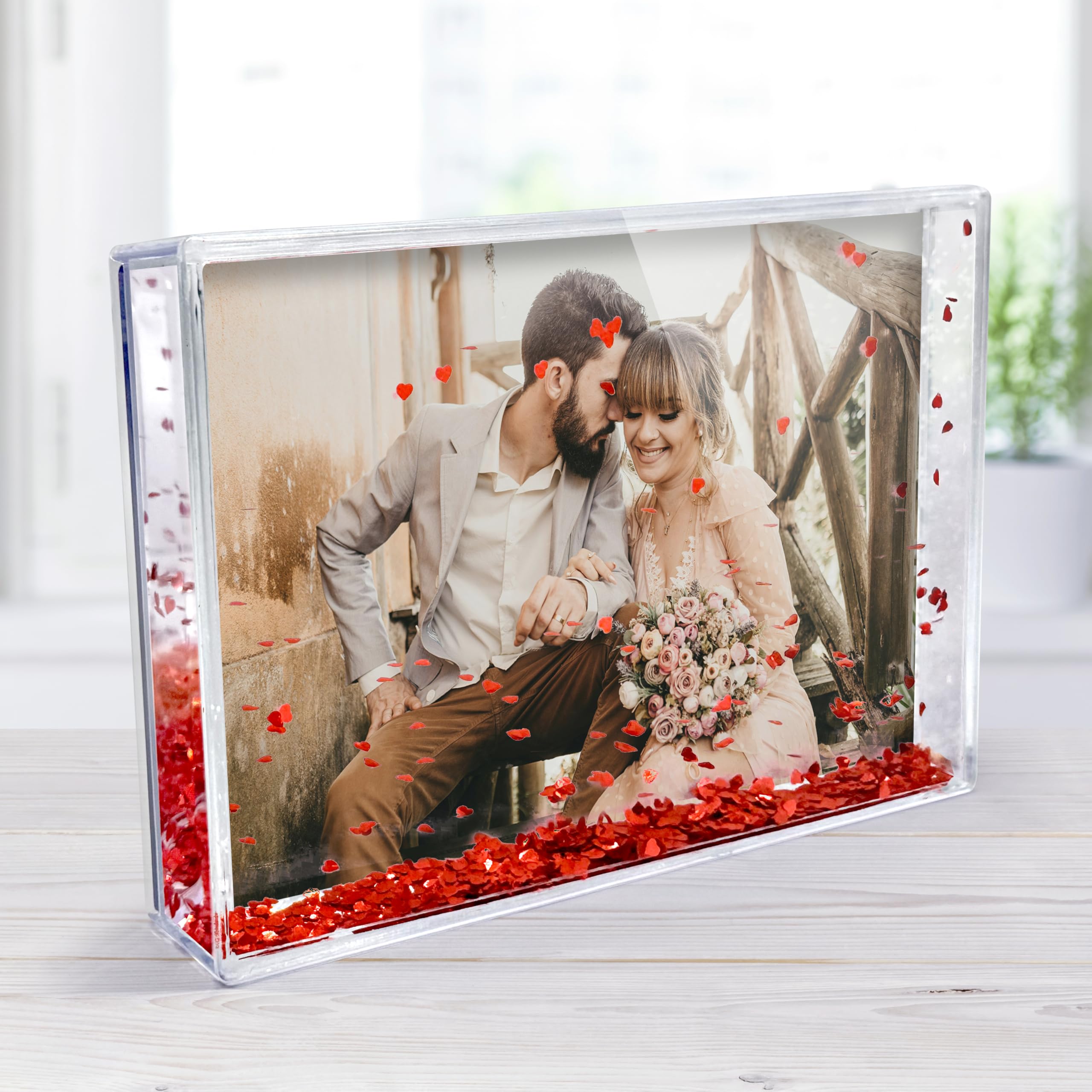 printplanet® - Personalisierter Schüttelrahmen mit Foto - 3D Bilderrahmen mit Herzchen-Füllung und eigenem Foto gestalten - Acryl-Fotoblock