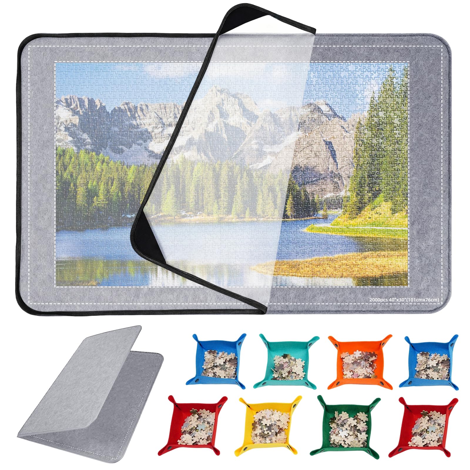 Tavolo puzzle da 2000 pezzi con copertura, puzzle pieghevole, accessori puzzle 105 x 80 cm, super leggero in feltro con 8 scomparti per la selezione e 1 copertura, piatto puzzle portatile, grigio