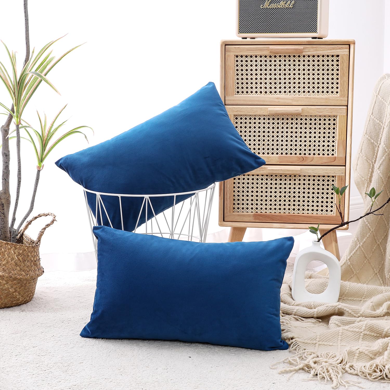 NiNi ALL Decorative Throw Pillow Covers Velvet 12x20 Inch Pack of 2 Blue Cushion Covers Soft for Couch Sofa Bedroom Living Room Outdoor