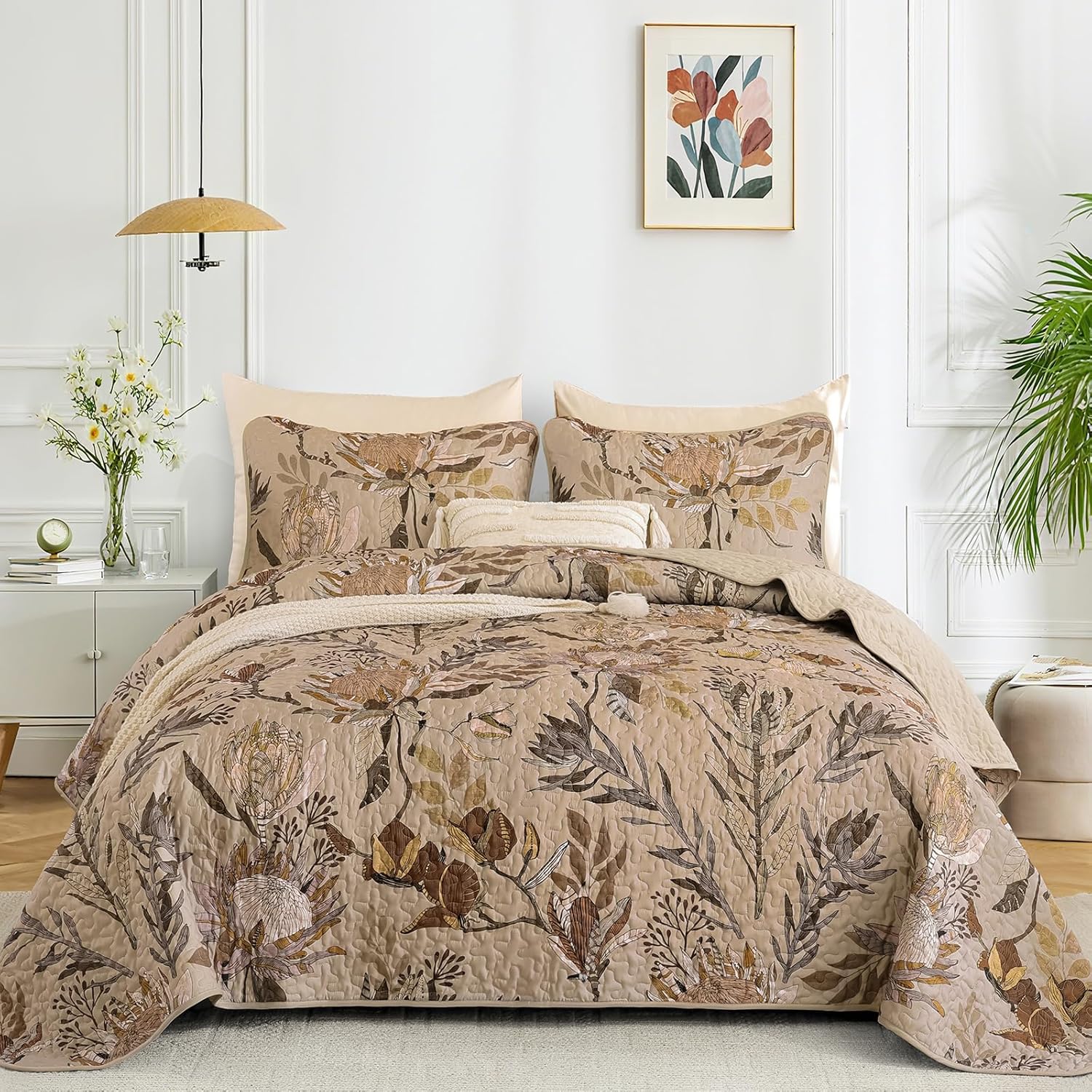 Dintszyayue King Size Quilts Brown, 3 Pieces Boho Floral Bedspread Bedding for King Size Bed, Soft Lightweight Microfiber Coverlet Set for All Season Quilt with 2 Pillowcases