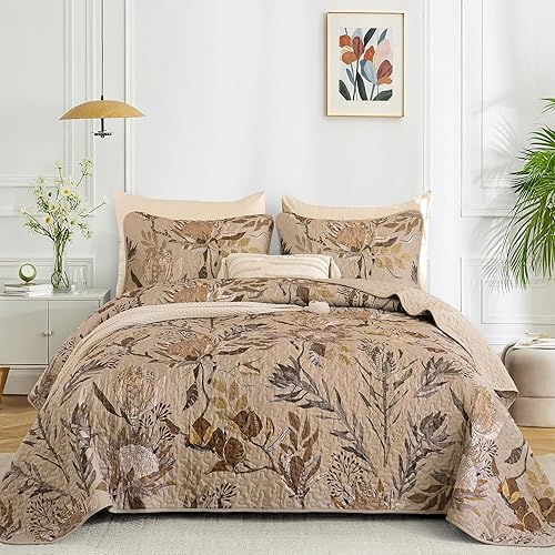 Dintszyayue Quilt Queen Size Brown, 3 Pieces Boho Floral Bedspread
