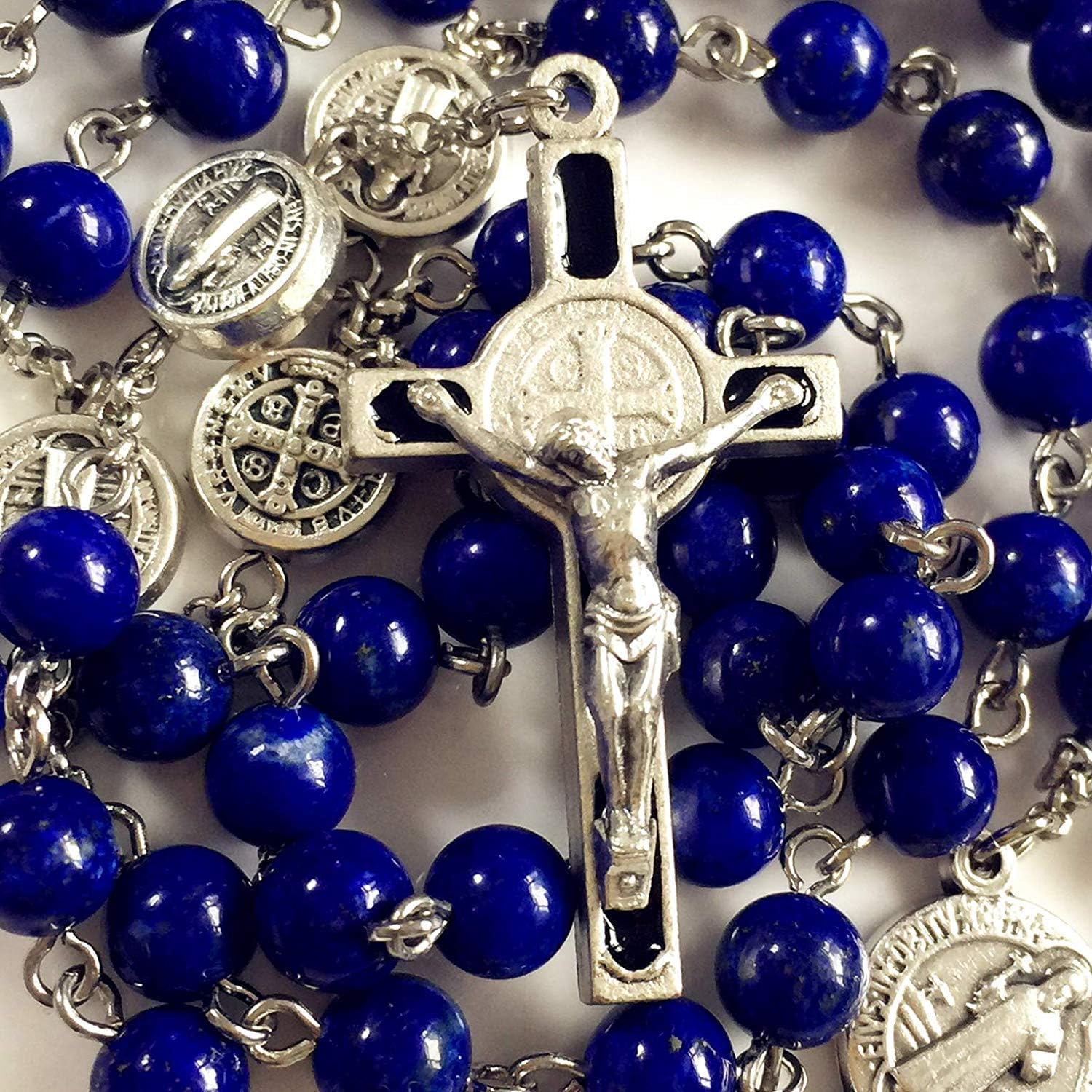 elegantmedical Handmade UNDOUBTED Lapis Lazuli Beads Rosary & Italy ST.Benedict Cross Gift Necklace Box
