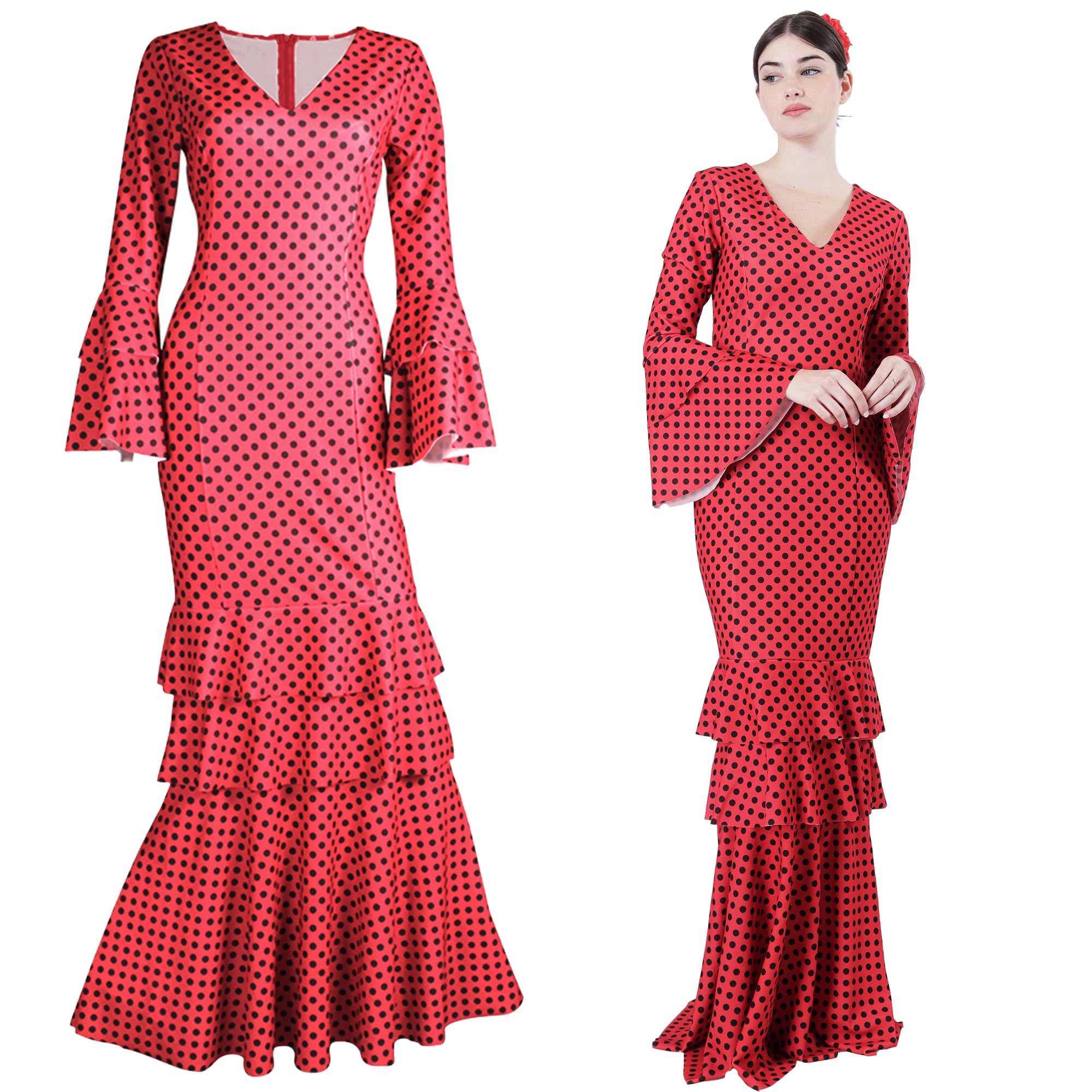 Vestido sevilliana Disfraz de Flamenca para Mujer, Traje de Sevillana Gitana Andaluz con Lunares Ideal para Feria de Abril y Carnaval