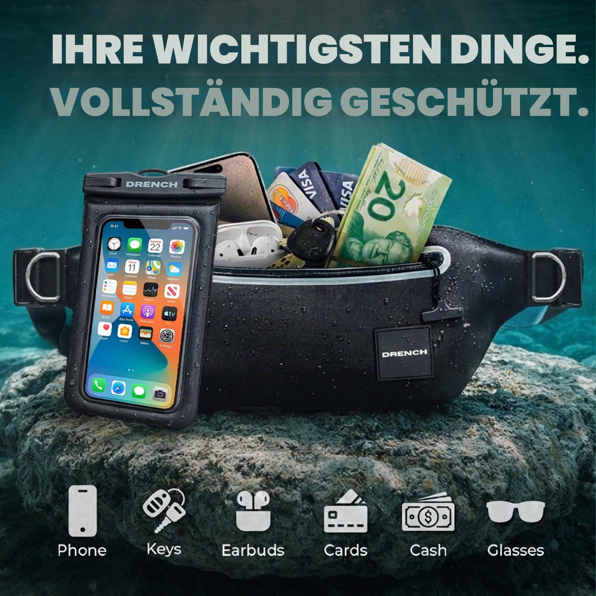 Drench wasserdichte Bauchtasche, Bauchtasche für Handy und Reiseutensilien, IPX8 Gürteltasche mit wandelbaren Riemen, Bauchtaschen für Damen und Herren, passend für iPhone, Samsung und mehr, Schwarz