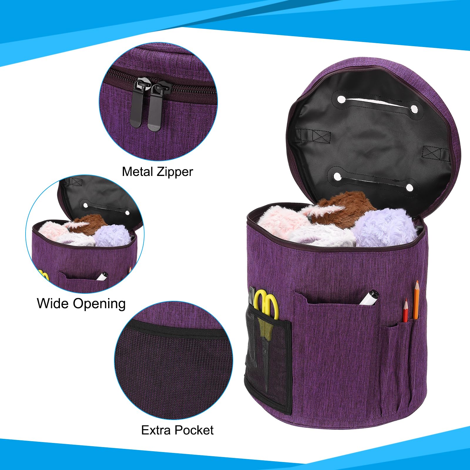PATIKIL Knitting Bag for Yarn Storage Large Size Crochet Organizer Strap Case Holder with Sided Pocket for Crocheting Supplies Needles Hooks Tools Purple - Image 4