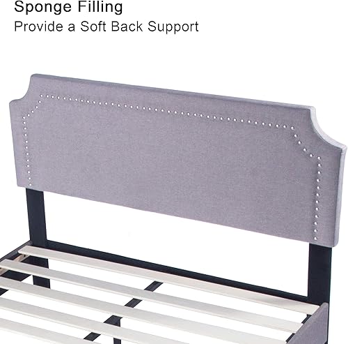 Miniatura 5 de LUCKYERMORE Marco de cama tapizado de tamaño matrimonial con soporte de listones de madera, marco de metal, plataforma resistente, marco de cama