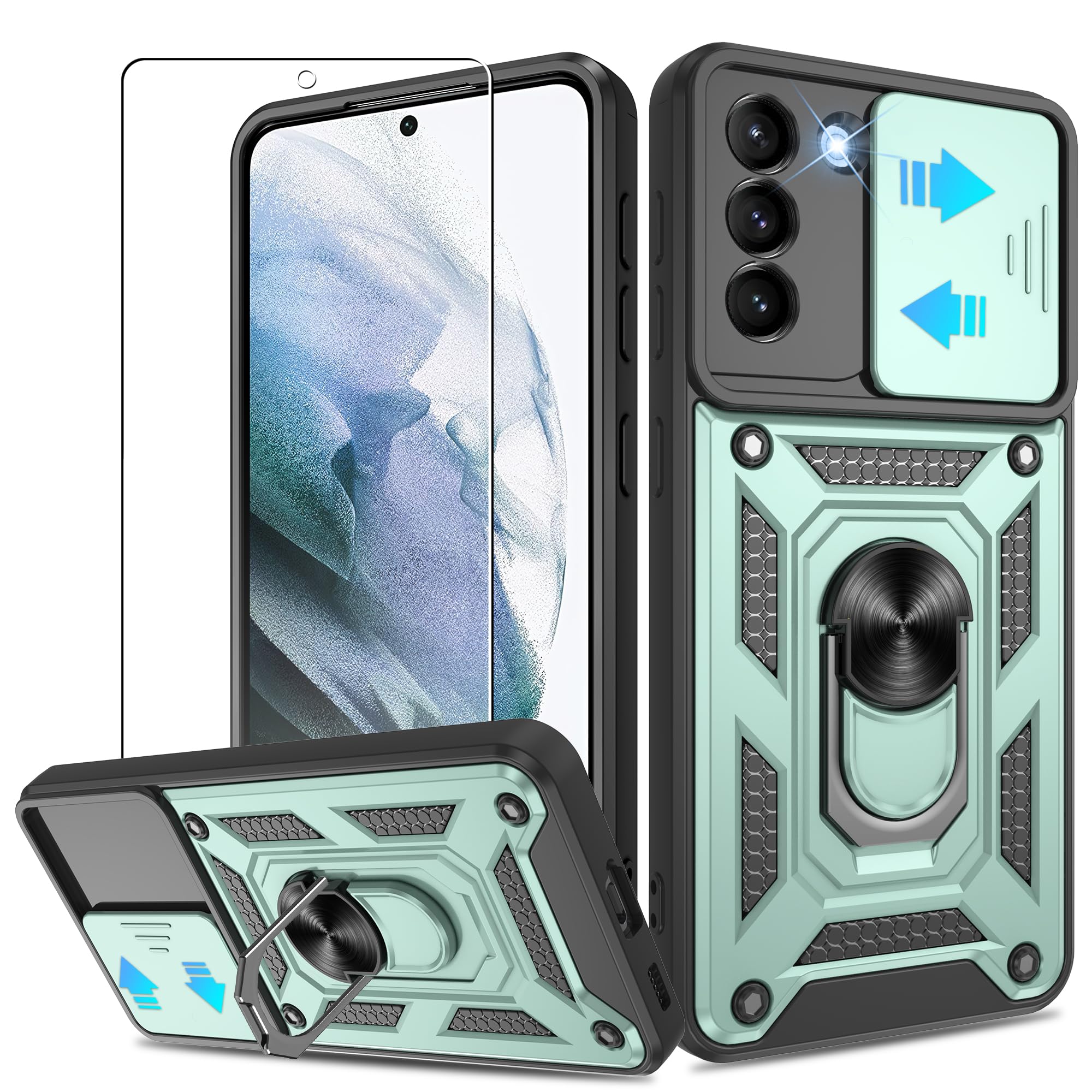 ATUMPfor Samsung Galaxy S21 Case, Compatible with Samsung Galaxy S21 Case with HD Screen Protector with Slide Camera Cover, 360° Rotation Ring Kickstand [Military Grade] Case, Dark Green