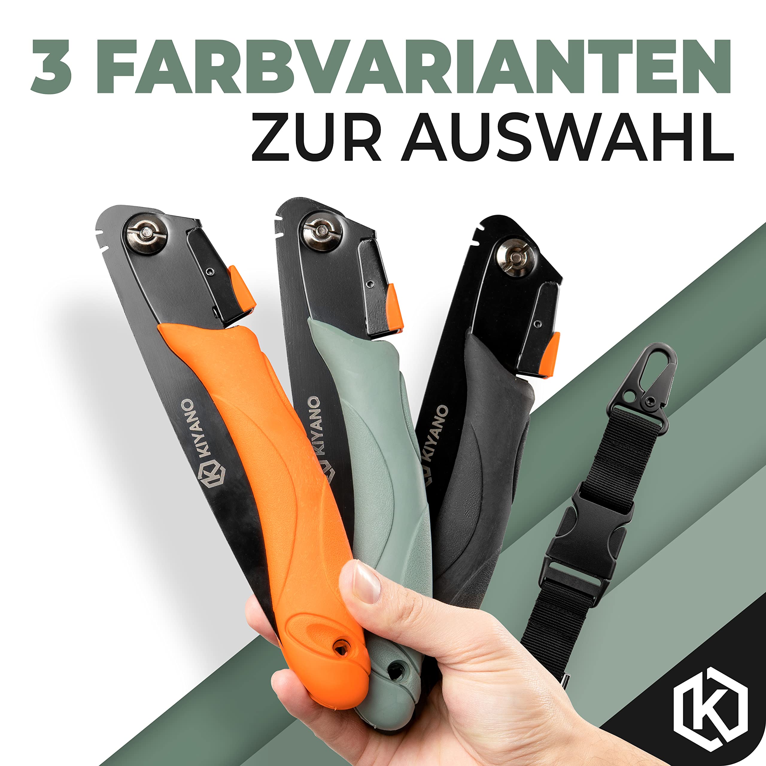 KIYANO® Sierra plegable premium para exteriores/podar con bloqueo de seguridad, incluye mosquetón táctico (210 mm), sierra de mano de madera de acero al carbono SK5, para Bushcraft, supervivencia,