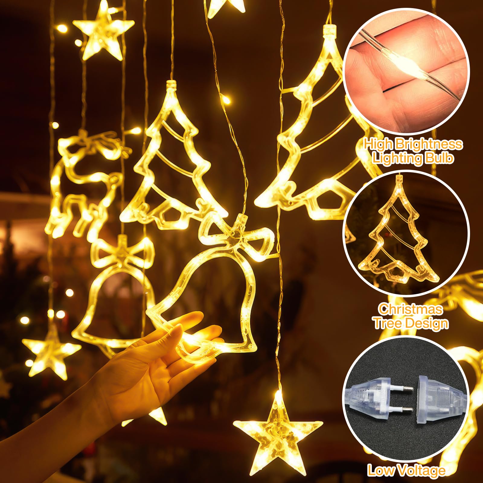 Guirlande Lumineuse Rideau LED 138 Lumières Pour Fenêtre - 12 Motifs étoiles/Noël, 8 Modes, Alimentation Piles