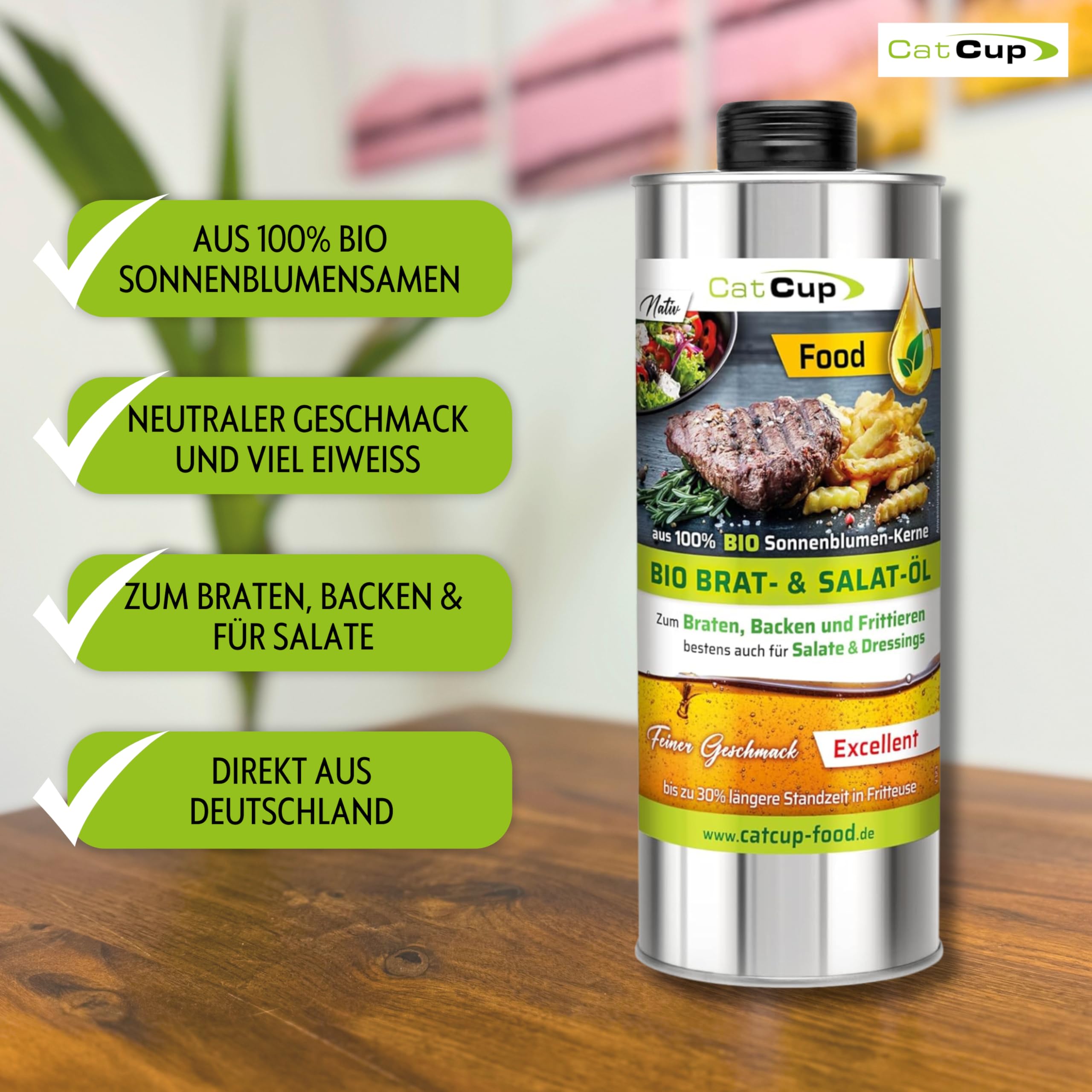 CatCup BIO Speise-, Brat- & Salatöl High Oleic EXZELLENT - Premium Sonnenblumenöl - Neutrales Bratöl & Speiseöl aus Bayern - Kaltgepresstes Öl zum Braten, Backen & Frittieren (1L)