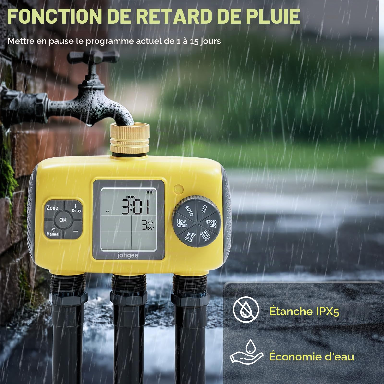 Johgee Programmateur Arrosage 3 Voies avec Entrée en Laiton, Minuteur Arrosage Automatique avec Retard de Pluie/Irrigation Manuelle, pour Serre, Pelouse et Jardin
