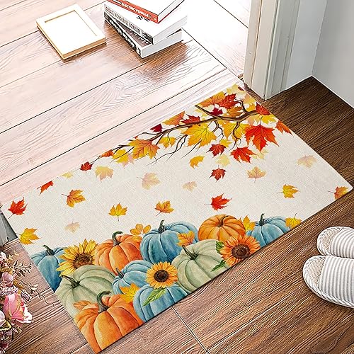 Miniatura 9 de Tapete de otoño para interiores de Acción de Gracias, tapete para puerta delantera, tapete de bienvenida con calabaza, color azul y naranja, tapete