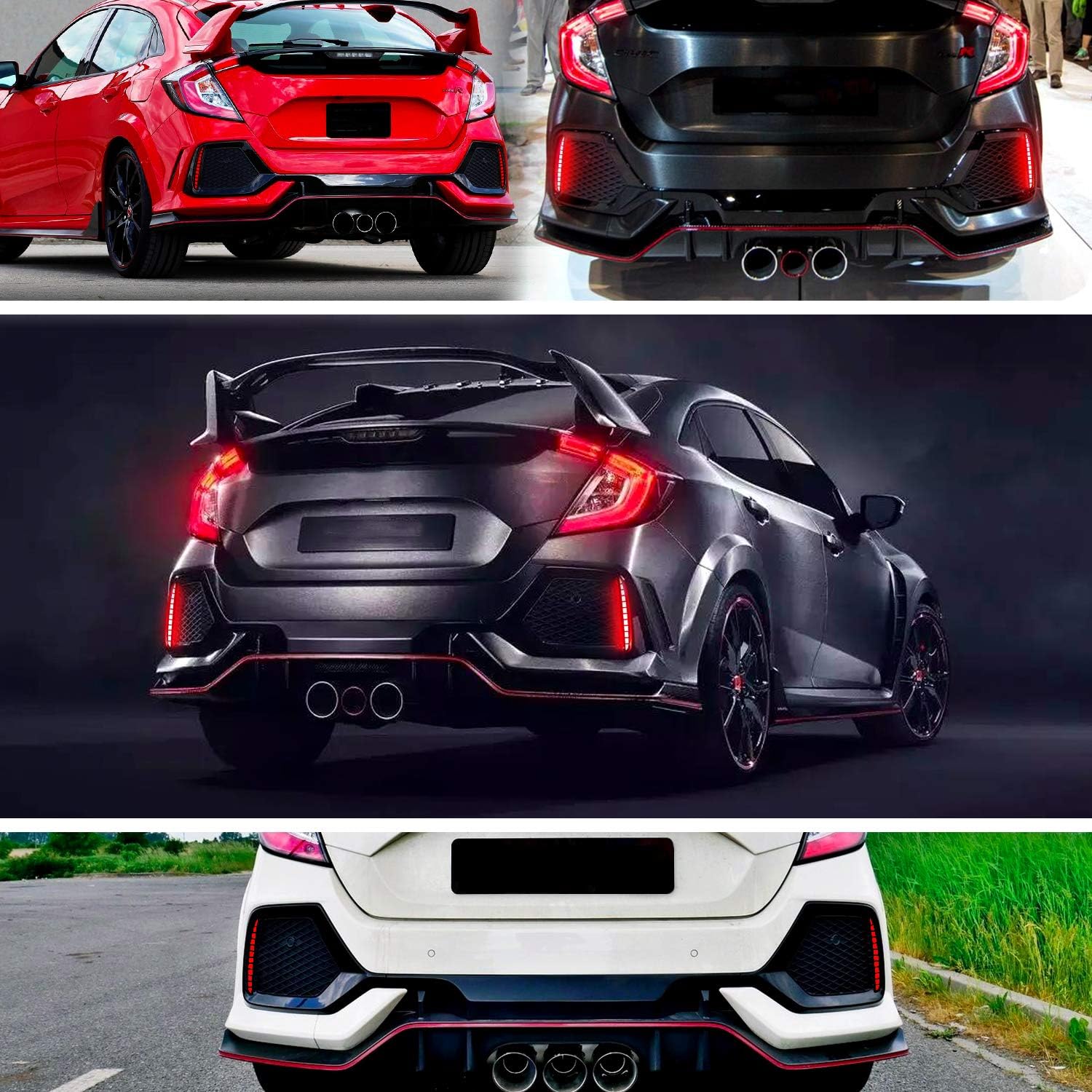 KE-KE Full LED Red Lens Bumper Reflector Lights for 2017 2018 2019 Honda Civic Hatchback Type-R 16-18 or SI 4-Door Sedan Tail Brake Rear Fog Lamps (Red)