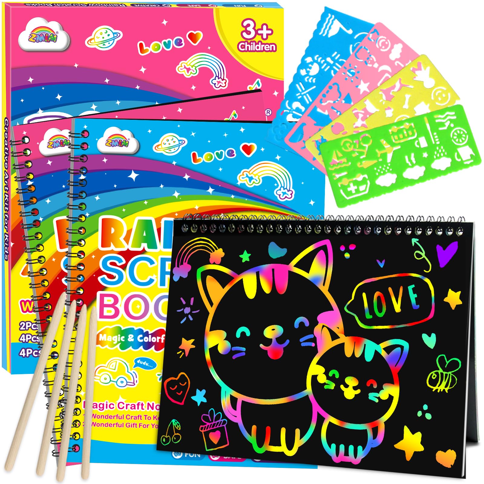 ZMLM Scratch Paper Art-Crafts Gift: 2 Pack Rainbow Notebooks Supplies Toys Easter Basket Stuffers for 3 4 5 6 7 8 9 10 Years Old Girls and Boys Kids Birthday Party Travel Games (Pink & Blue)-image-16