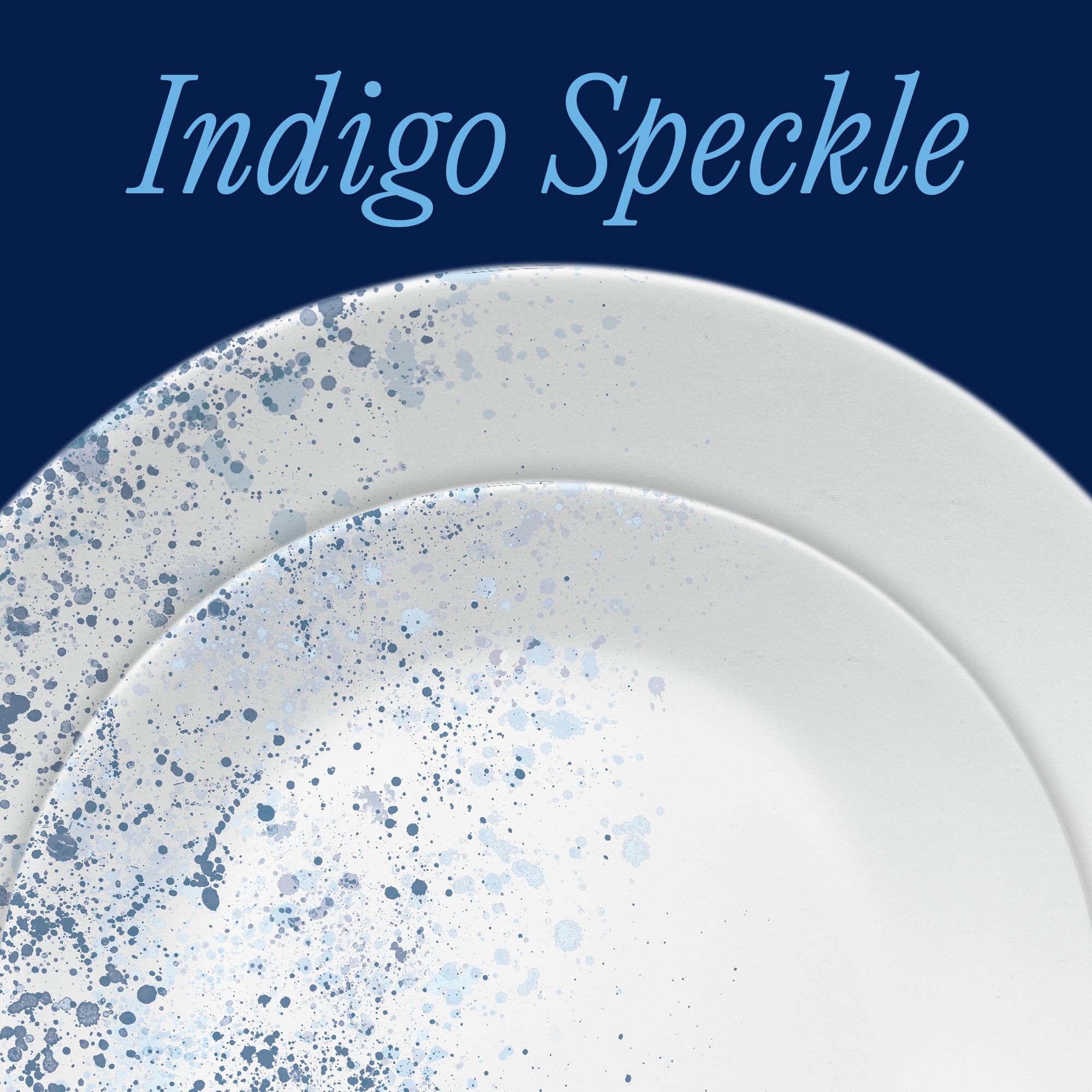 Corelle Service de table 18 pièces pour 6 personnes, motif moucheté indigo, bleu et blanc, vaisselle résistante aux éclats, comprend des assiettes plates de 26 cm, des assiettes à salade/à dessert de