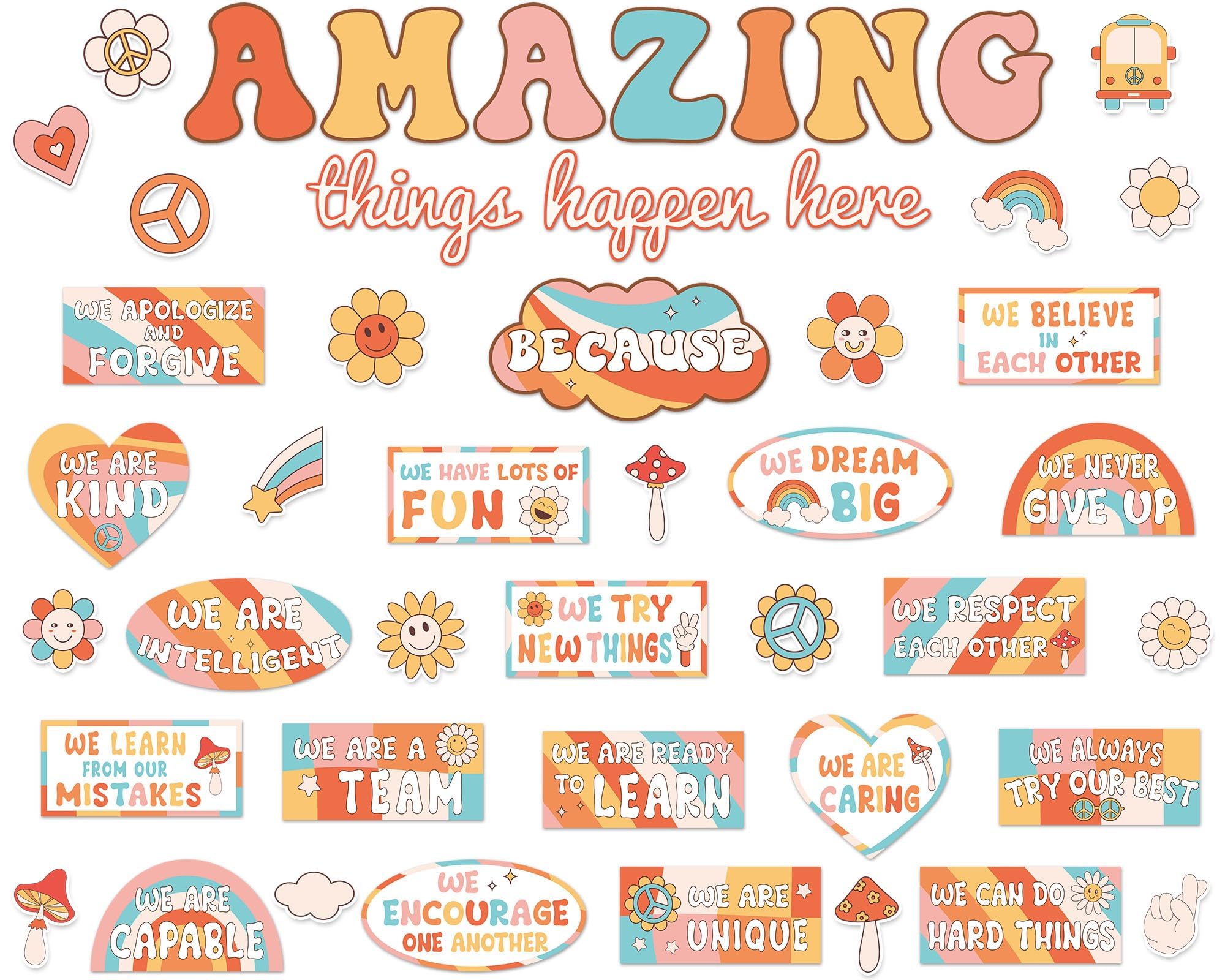 Groovy Welcome Back to School Bulletin Board Classroom Decoration Boho Retro Amazing Things Happen Here Bulletin Board Affirmation Station Positive