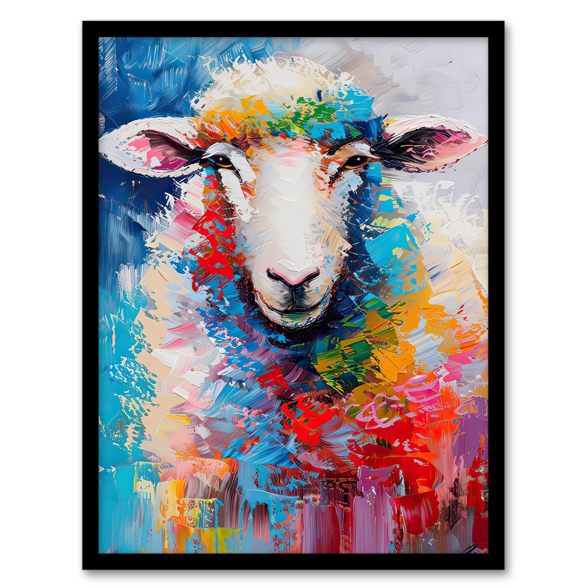 Artery8 Colourful Sheep Fun Animal Portrait Oil Painting Living Room Artwork Framed Wall Art Print A4