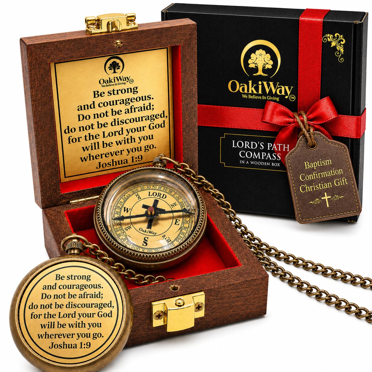 Lord's Path Compass - Baptism, Communion, Confirmation, Christian Gifts for Teenage Boys | Joshoua 1:9 | Religious Catholic Gifts for Men, Graduation Inspirational Present - Greeting Card Included