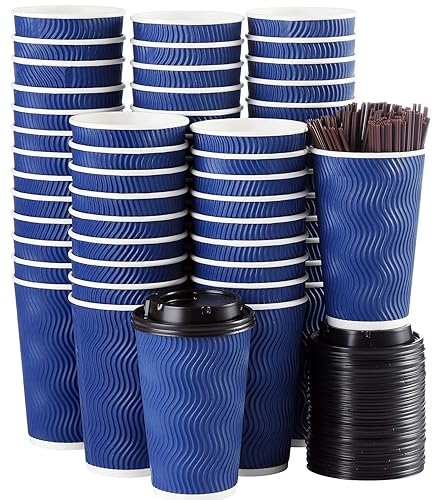Disposable Coffee Cups with Lids and Straws - 16 oz