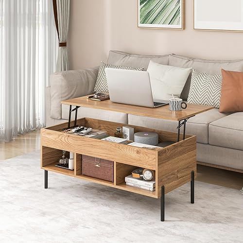 Miniatura 2 de GOFLAME Mesa de centro elevable con almacenamiento, mesa de centro cuadrada con compartimento oculto, 3 estantes de almacenamiento, mesa central