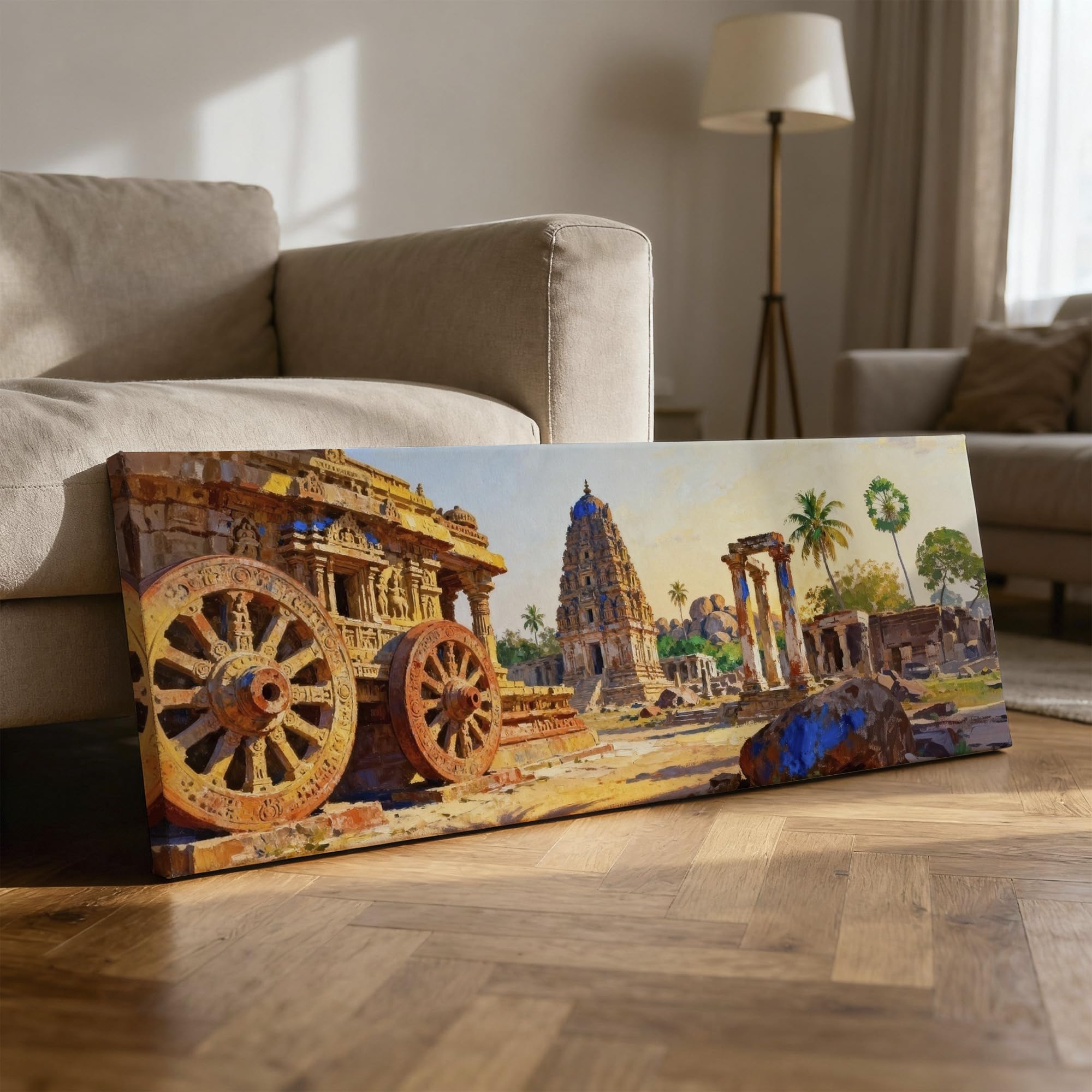 SoulAbiti Hampi Ruins & Stone Chariot Unframed 36x14 inches Rolled Canvas Wall Expressionism Art UV Print Painting for Living Room, Bedroom & Office Decor Premium Gloss Vivid Fade-Resistant Print 1