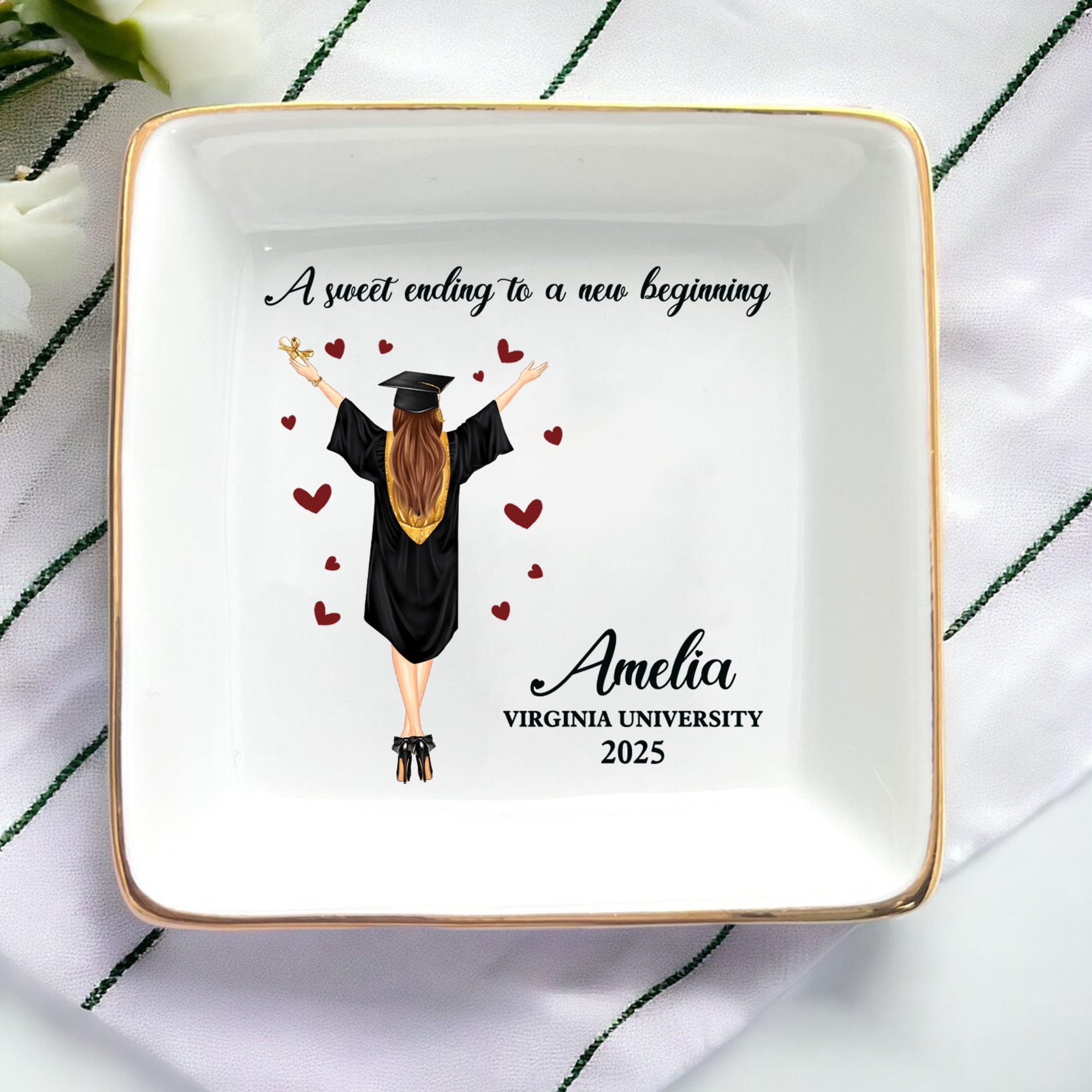 HCRSEVENUS Personalized Jewelry Dish, A Sweet Ending to a New Beginning, Graduation Gift for Her 2025, Custom Keepsake for Best Friend, Daughter, or Graduate