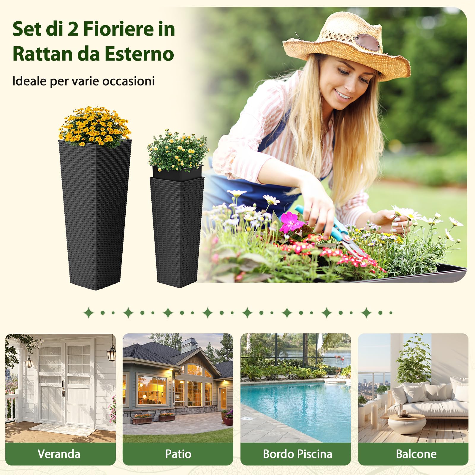 COSTWAY 2 Vasi Alti per Piante da Interno ed Esterno, Grandi Fioriere in Rattan con Vassoi Interni Rimovibili, Fori di Drenaggio, Fioriere Decorative per Giardino, Cortile e Balcone (Nero)