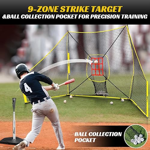 Miniatura 5 de Red de práctica de béisbol y softbol duradera con barreras, red de entrenamiento de 12 x 7 pies con objetivo de zona de ataque, sistema de